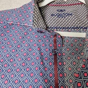 Bugatchi Mini Print Collared Button Up Blue Red Contrast Cuffs 100% Cotton